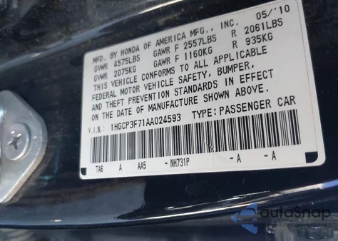 2010 Honda Accord 3.5 Ex from USA, damaged, VIN 1HGCP3F71AA024593